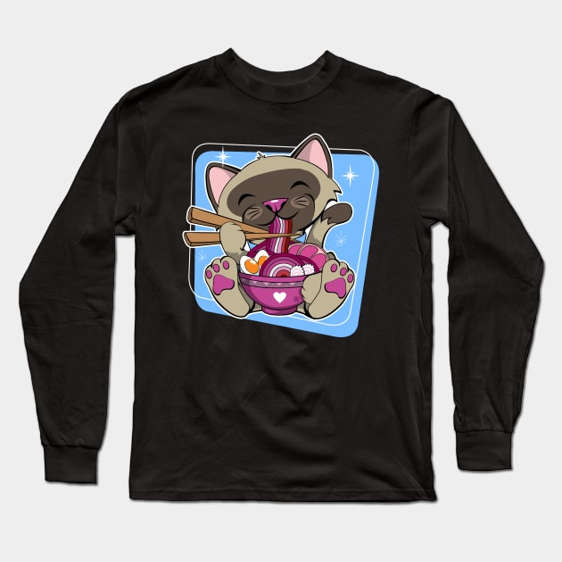 Cat Eating Ramen Lesbian Pride Long Sleeve T-Shirt by CuddleswithCatsArt